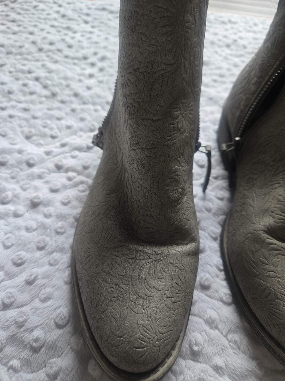 Buckle Gray Embossed Floral Ankle Boots